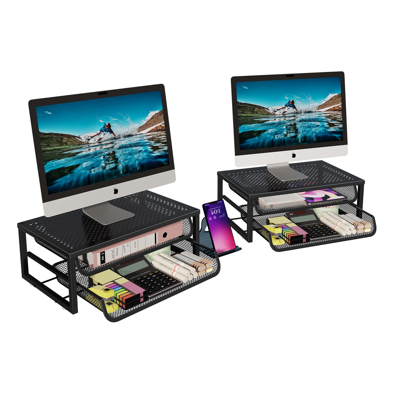 2 Pack 2-Tier Metal Monitor Stand Riser and Computer Desk Organizer