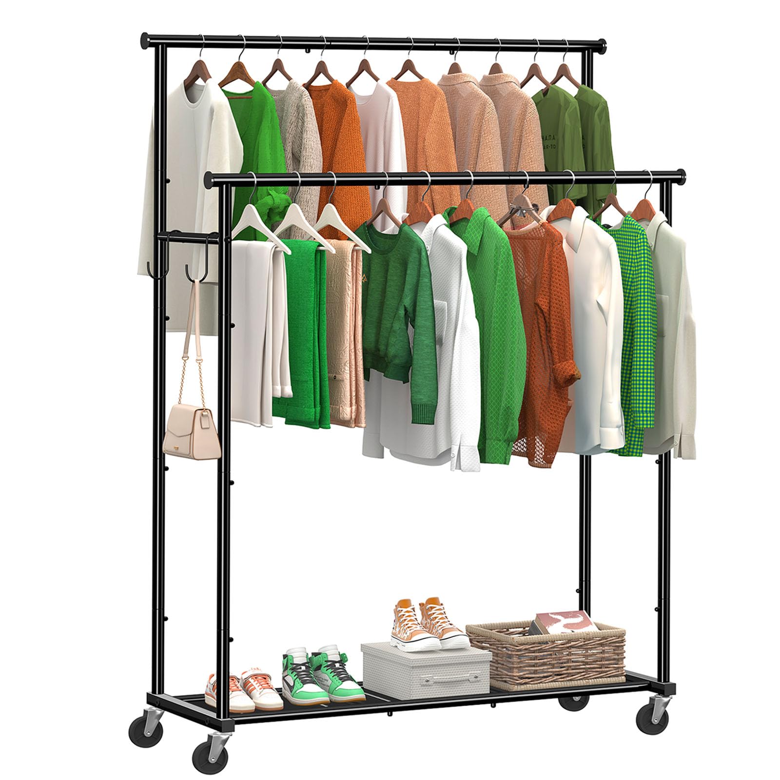 Double Rod Clothing Garment Rack on Wheels, 45 Inches Clothes Rack, Maximum Capacity 400 lb