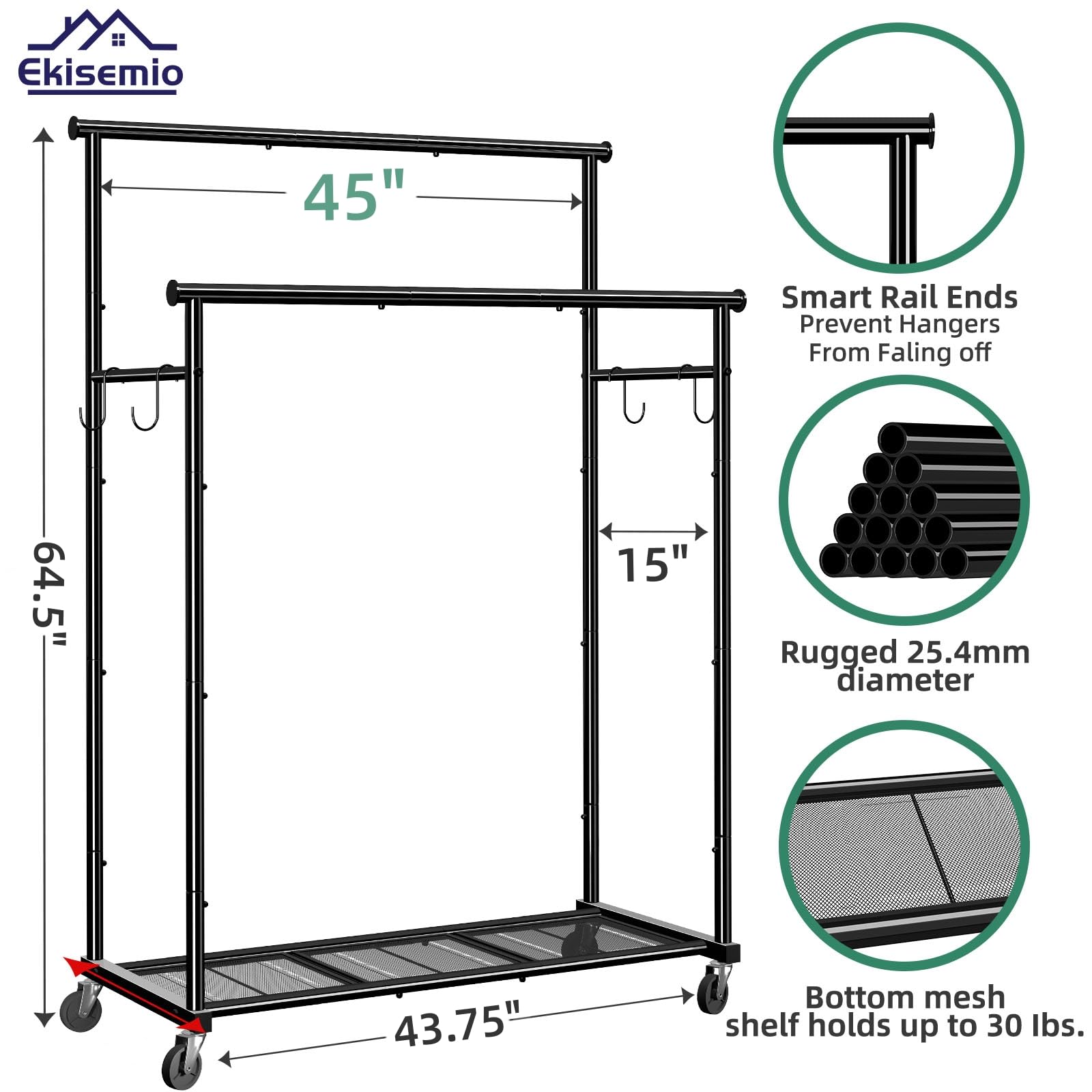 Double Rod Clothing Garment Rack on Wheels, 45 Inches Clothes Rack, Maximum Capacity 400 lb