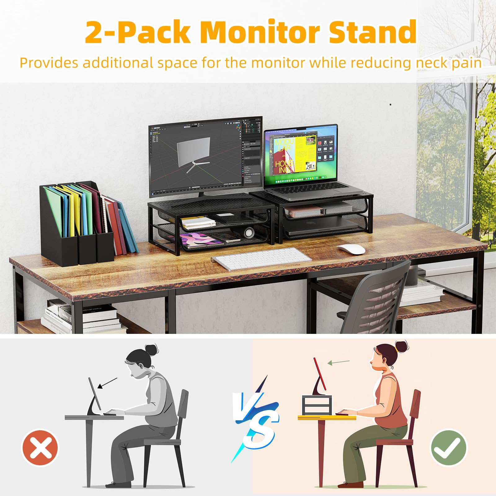 2 Pack 2-Tier Metal Monitor Stand Riser and Computer Desk Organizer