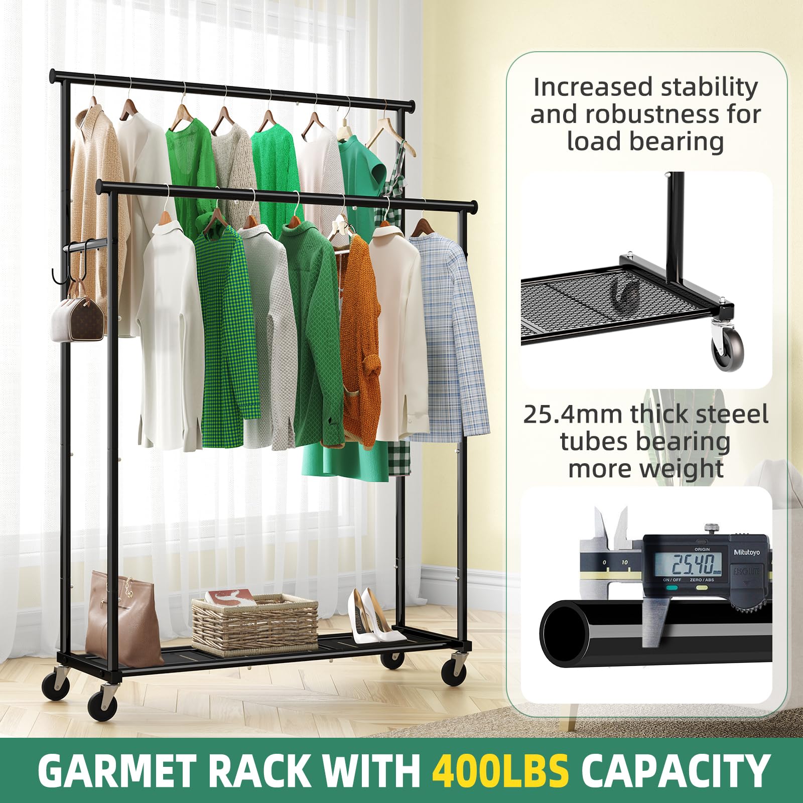 Double Rod Clothing Garment Rack on Wheels, 45 Inches Clothes Rack, Maximum Capacity 400 lb