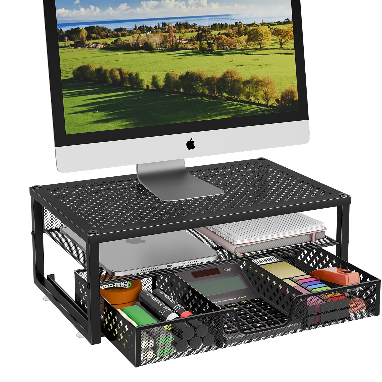 Black Metal Monitor Stand Riser and Computer Desk Organizer