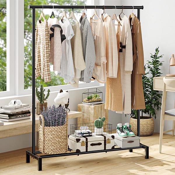 Black Metal Clothing Clothes Rack with Bottom Shelf